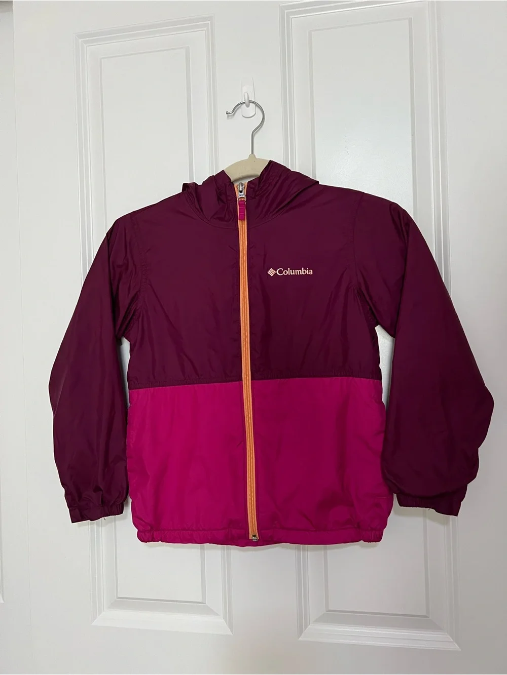 Columbia Kids Girls Two-Tone Hooded Jacket - Berry & Hot Pink with Orange Zipper